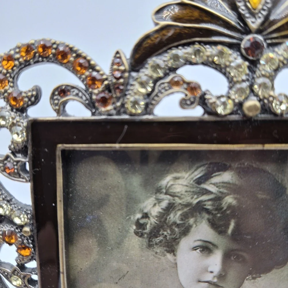 Tizo Jeweled Metal Picture Frame Amber & Champagne Crystal Ornate Baroque 5x7.5